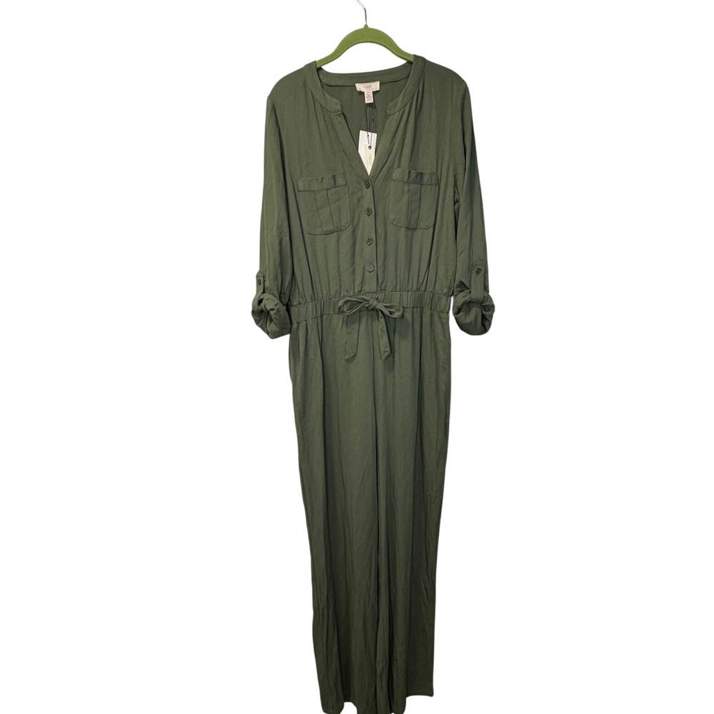 Cupio Blush Olive Green Utility Jumpsuit Long Sleeve Wide Leg Medium BK1Q428 New